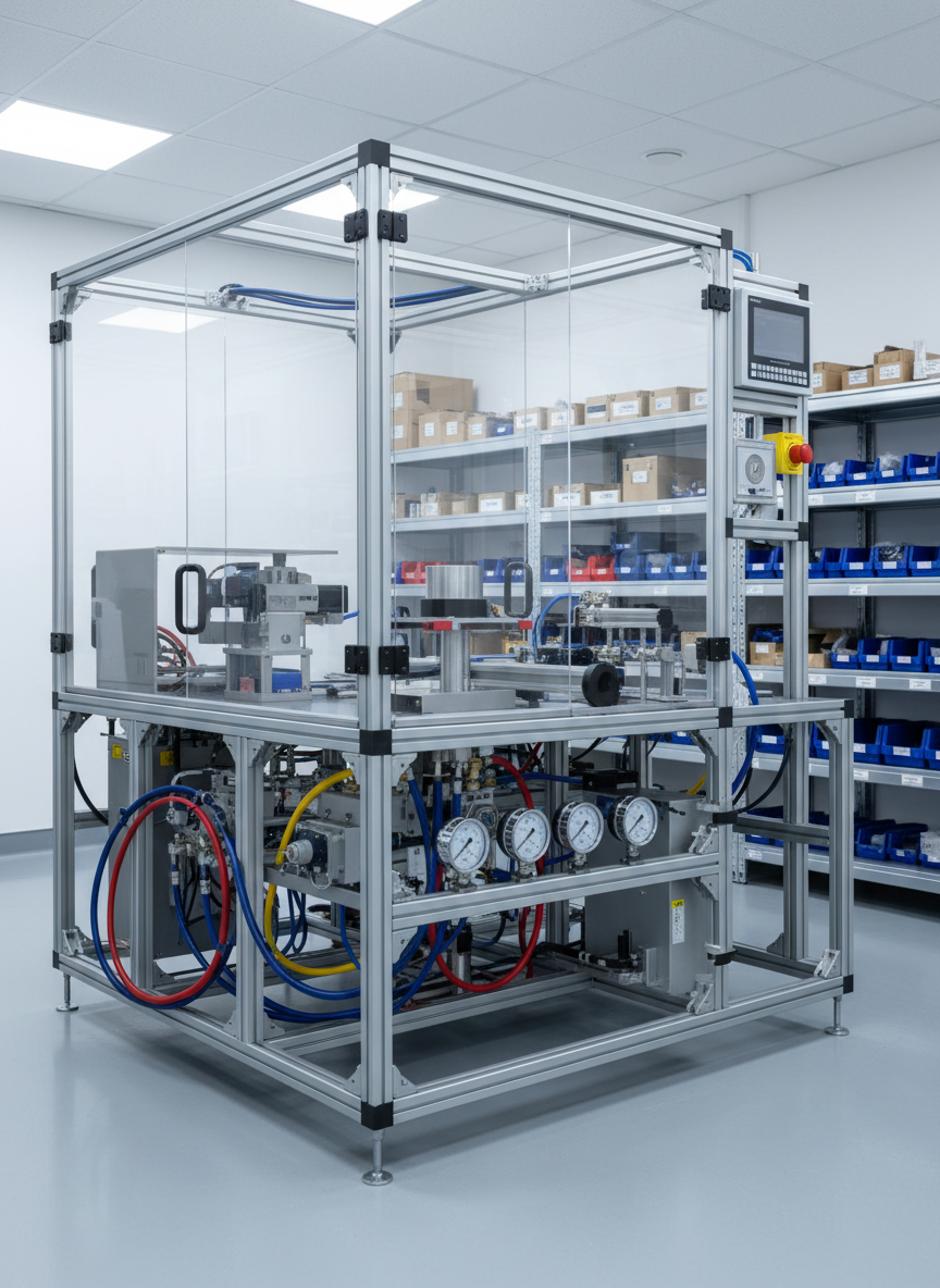 A panoramic photographic view of a pristine hydraulic test bench inside a contemporary R&D lab, featuring a robust steel frame, transparent safety panels, and meticulously routed color-coded hoses connecting to polished pressure gauges and digital control units. The bench stands on an epoxy-coated light gray floor, with minimalist white walls and a blurred background of shelving filled with labeled components. Bright, even overhead LED lighting creates a neutral, shadow-free environment that highlights every detail of the machinery. Captured at eye level with sharp focus throughout, the image conveys a sense of cutting-edge engineering, order, and scientific rigor, embodying a professional, innovative atmosphere suitable for a hydraulic solutions company.