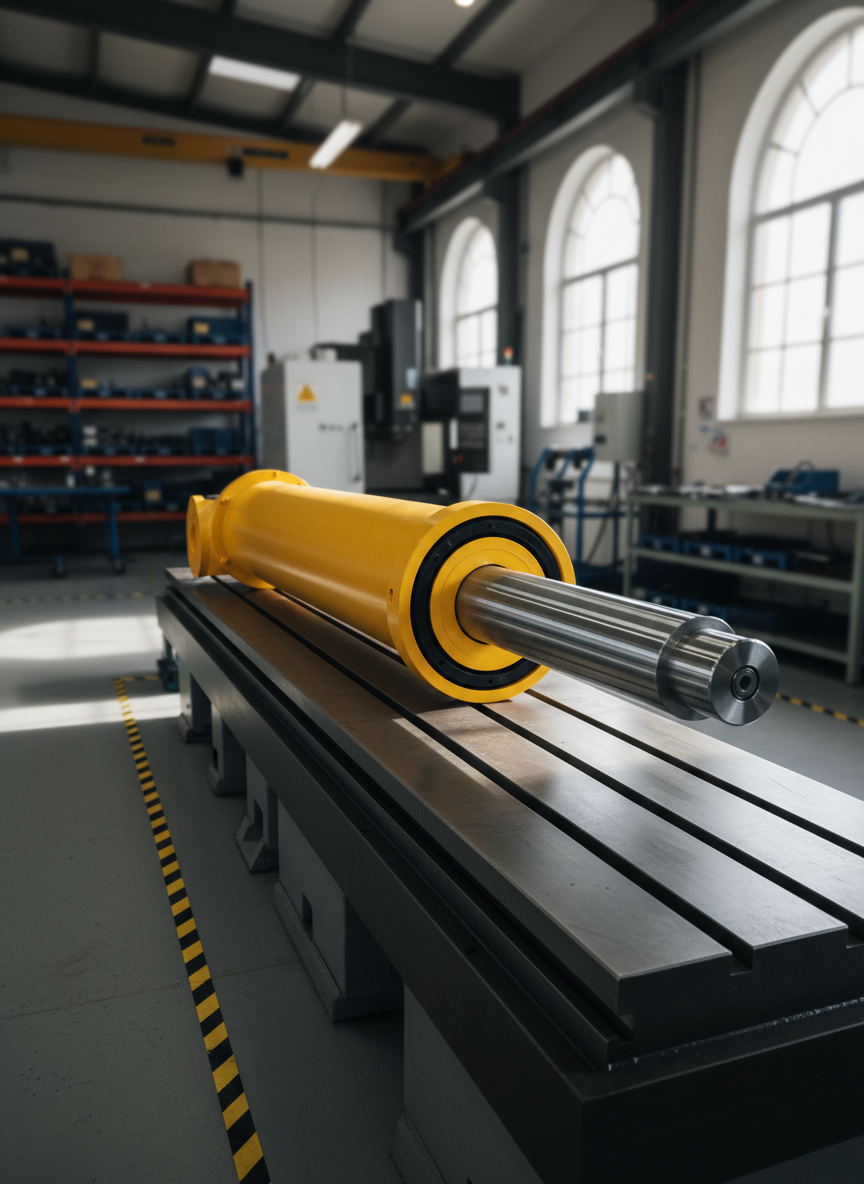 A dramatic, wide-angle photographic shot of a large hydraulic cylinder in vivid industrial yellow, mounted horizontally on a precision machining table. The cylinder’s chrome piston rod extends toward the viewer, perfectly polished and reflecting subtle highlights. Around it, the workshop is tidy: metal racks with organized parts, a CNC machine blurred in the background, and safety markings on the smooth concrete floor. Directional side lighting from high windows creates dynamic contrast, emphasizing textures of metal, paint, and rubber seals, while casting long, controlled shadows. Composed using the rule of thirds, with the cylinder as the dominant diagonal element, the scene feels powerful, robust, and forward-looking, symbolizing strength and innovation in hydraulic engineering.