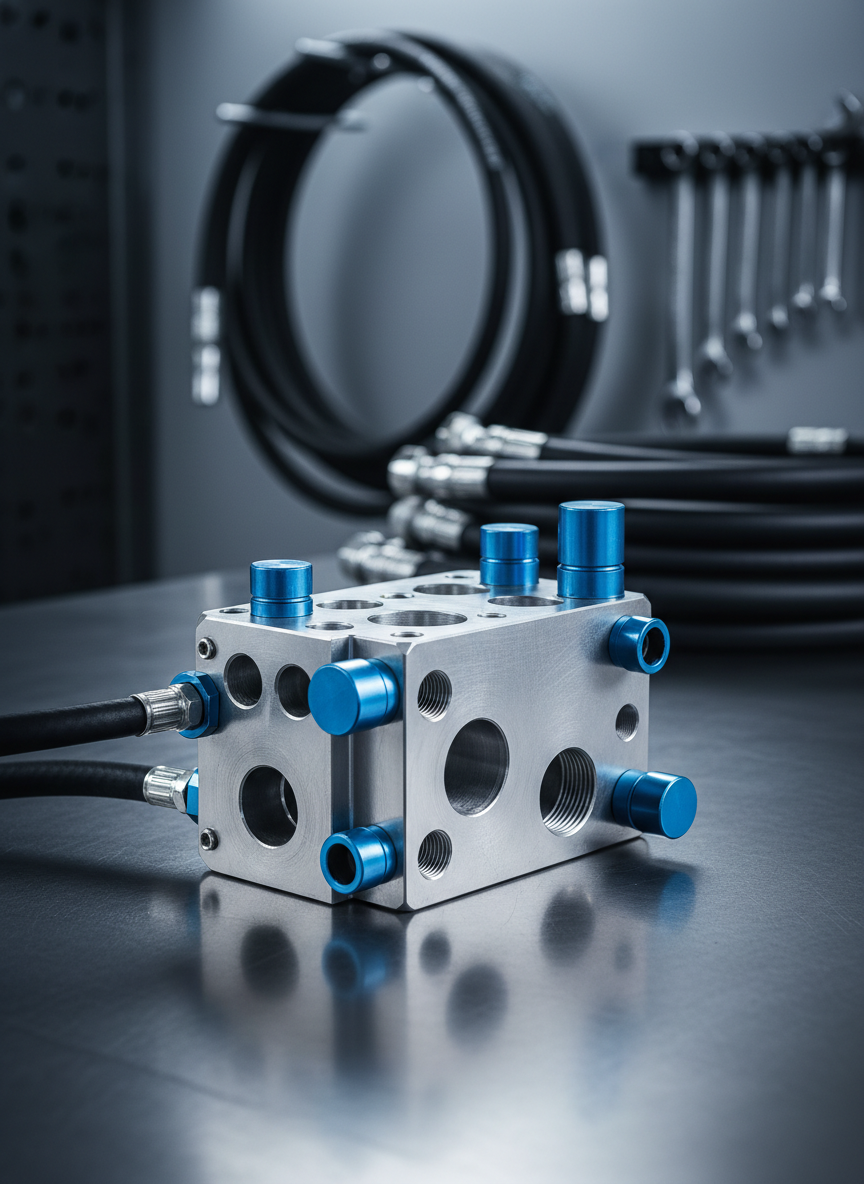 A close-up, high-resolution view of a gleaming industrial hydraulic manifold block in brushed stainless steel, with multiple precisely machined ports and blue-anodized fittings, resting on a clean dark graphite work surface. In the softly reflective background, slightly out of focus, sit coiled hydraulic hoses and neatly organized tools, suggesting a modern workshop. Cool, diffused studio lighting from above and one side creates crisp highlights along the edges and soft shadows underneath, emphasizing precision engineering. Shot at a slightly elevated three-quarter angle with shallow depth of field, the composition feels clean, professional, and technical, aligned with photographic realism and a modern industrial aesthetic that communicates innovation and reliability in hydraulic systems.