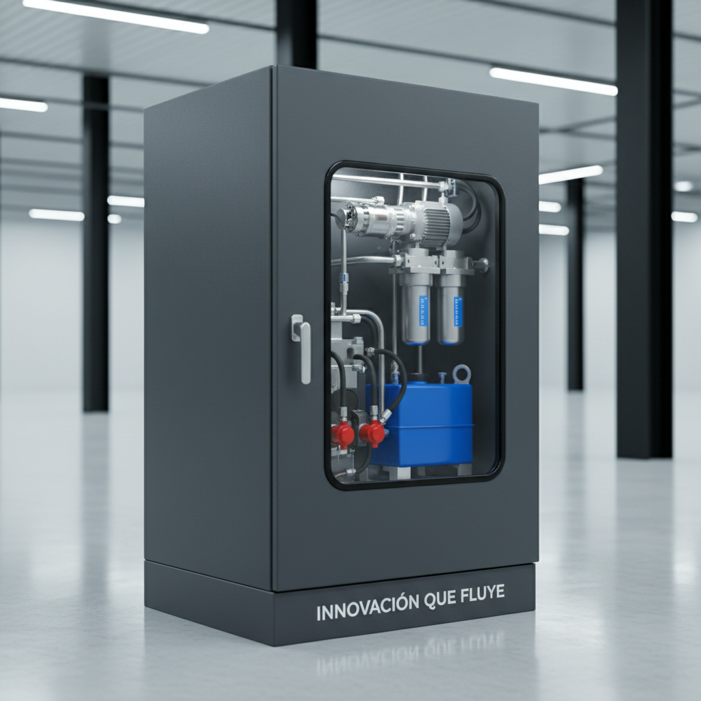 A sleek hydraulic power unit enclosed in a matte dark gray cabinet with a small transparent inspection window revealing neatly arranged pumps, filters, and a bright blue oil reservoir inside. The unit stands in a spotless, modern industrial hall with polished concrete flooring and minimalist structural steel columns fading softly out of focus. Cool white overhead lighting combines with a subtle side fill to create gentle reflections on metal surfaces while avoiding harsh glare. Photographed at an eye-level three-quarter view, with a balanced composition and crisp focus on the unit, the scene communicates reliability, energy efficiency, and advanced engineering. The overall mood is clean, professional, and orderly, reinforcing the brand message of “innovación que fluye” in hydraulic power solutions.